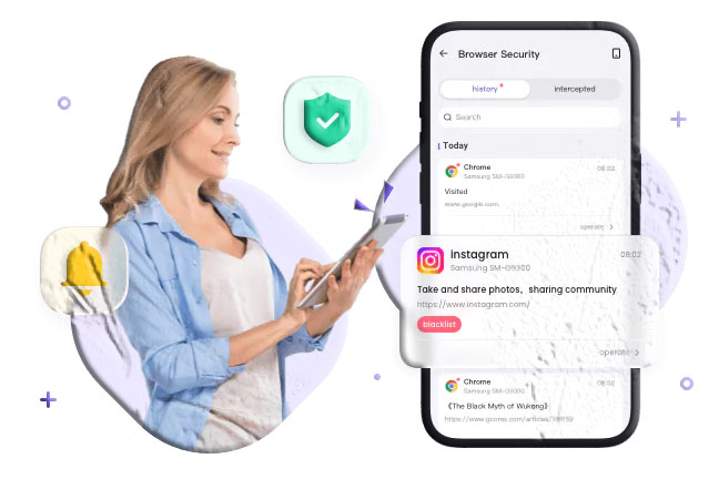 Family discussing online rules with parental control app visible on smartphone