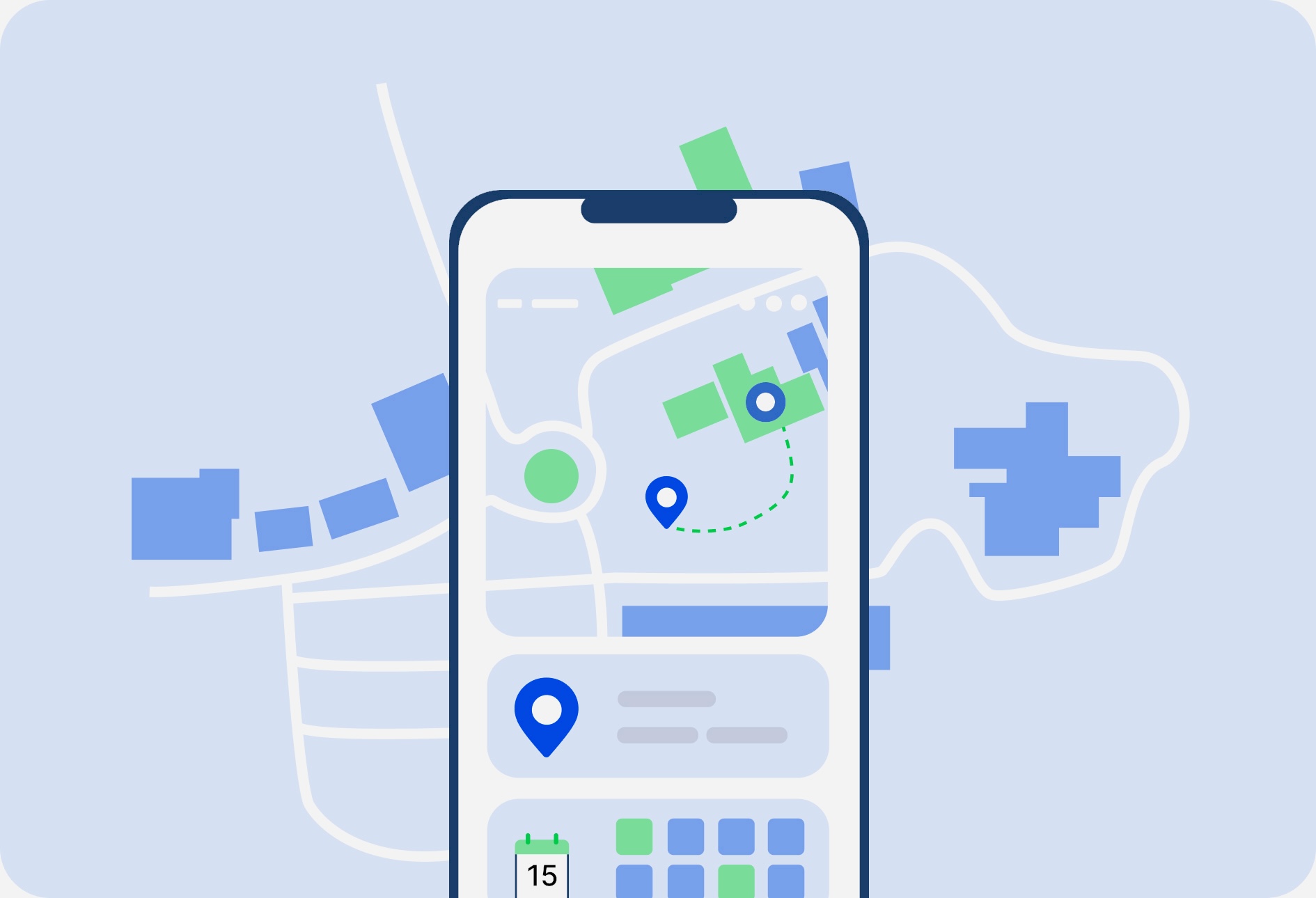 Parent viewing a family location map on a smartphone with place markers and battery status