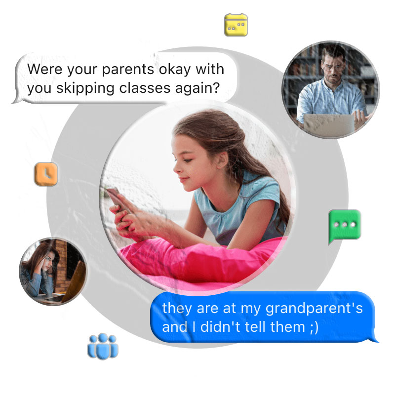 Parent viewing child SMS messages and contact summary on smartphone parental control app
