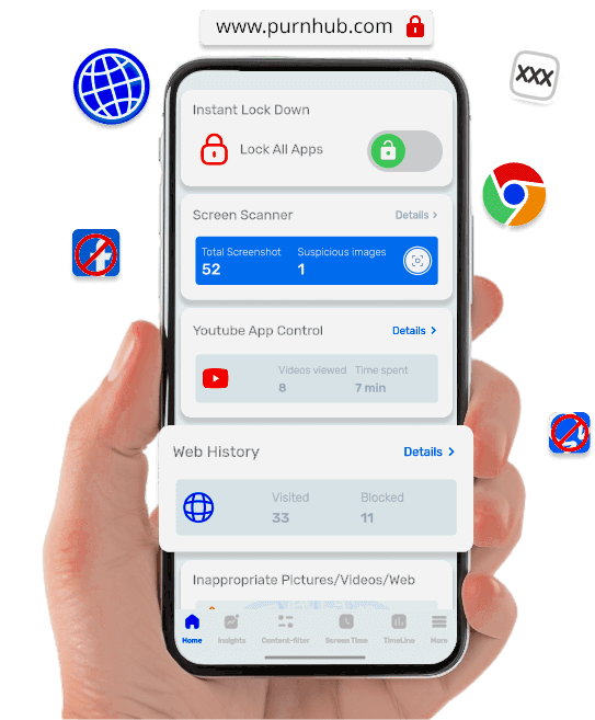 Parent viewing child’s browsing history and web filter settings on phone