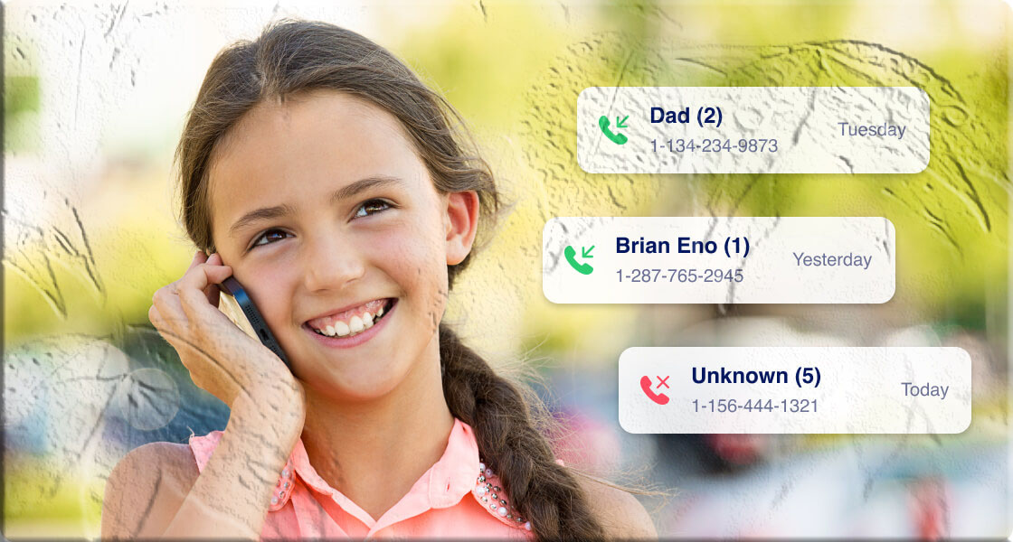 Smartphone screen showing a parental control dashboard with call history entries and contact names