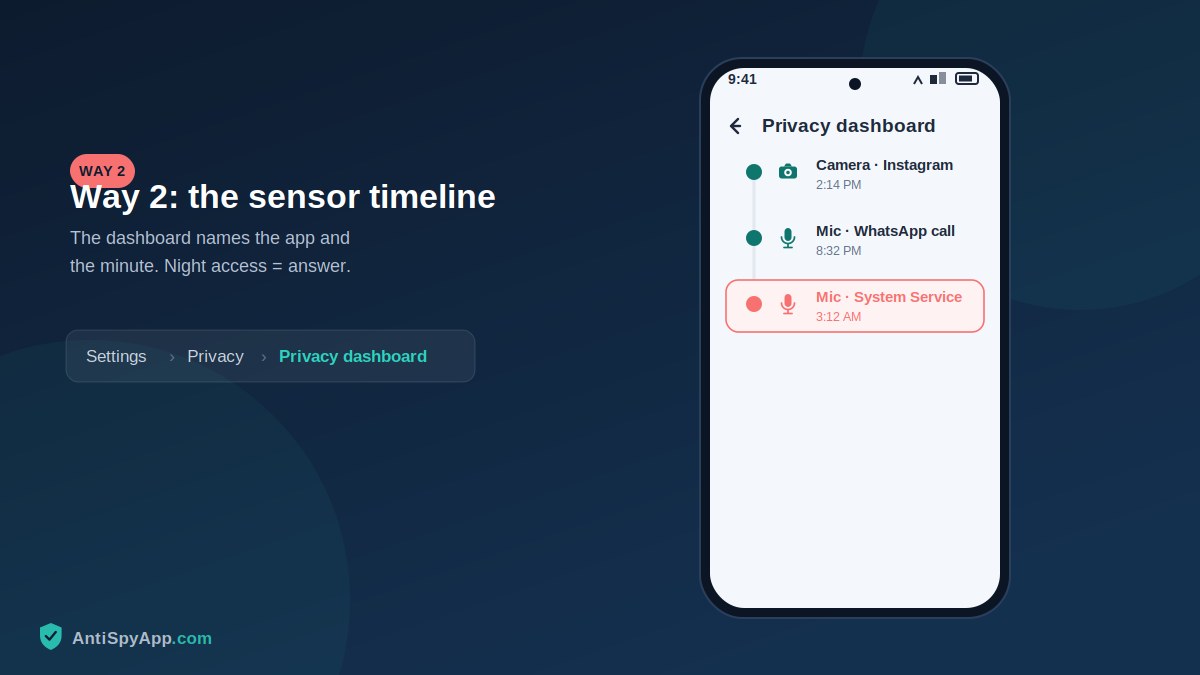 Privacy dashboard timeline showing sensor access, one entry at night in red