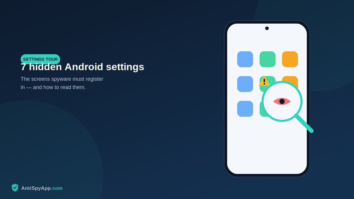 Android settings screen with a magnifying glass revealing hidden entries