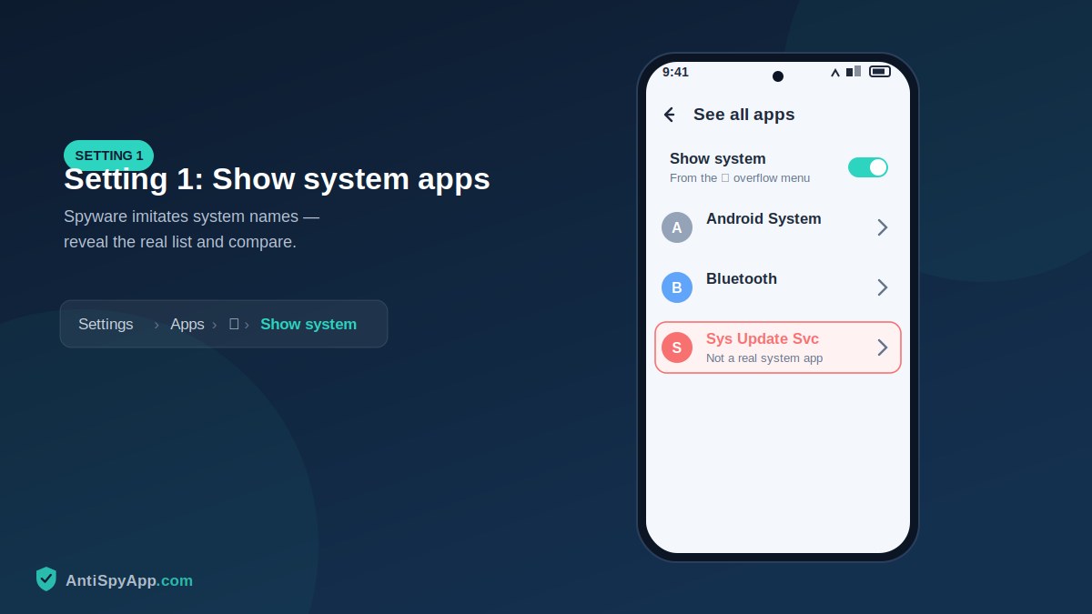Android See all apps screen with the Show system option in the overflow menu