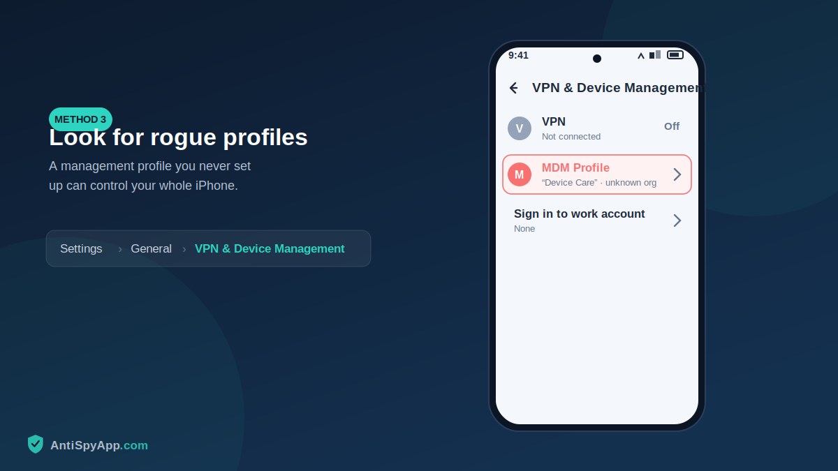 iPhone VPN and Device Management settings screen