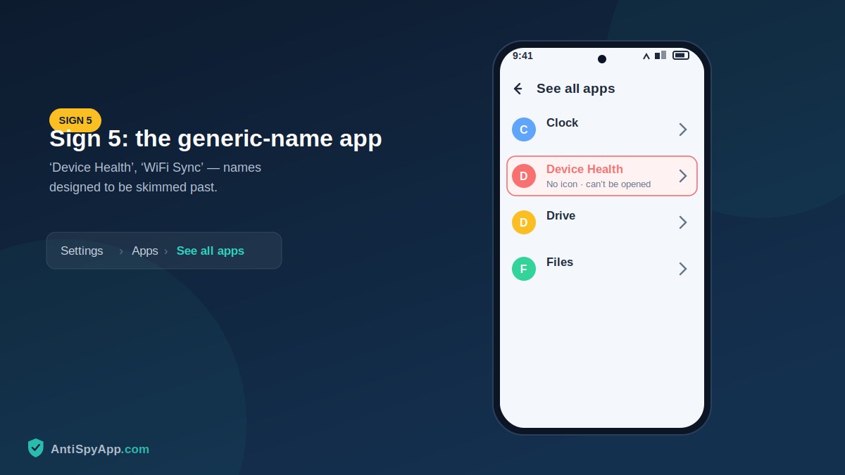 Full Android app list with an unfamiliar generically named app highlighted