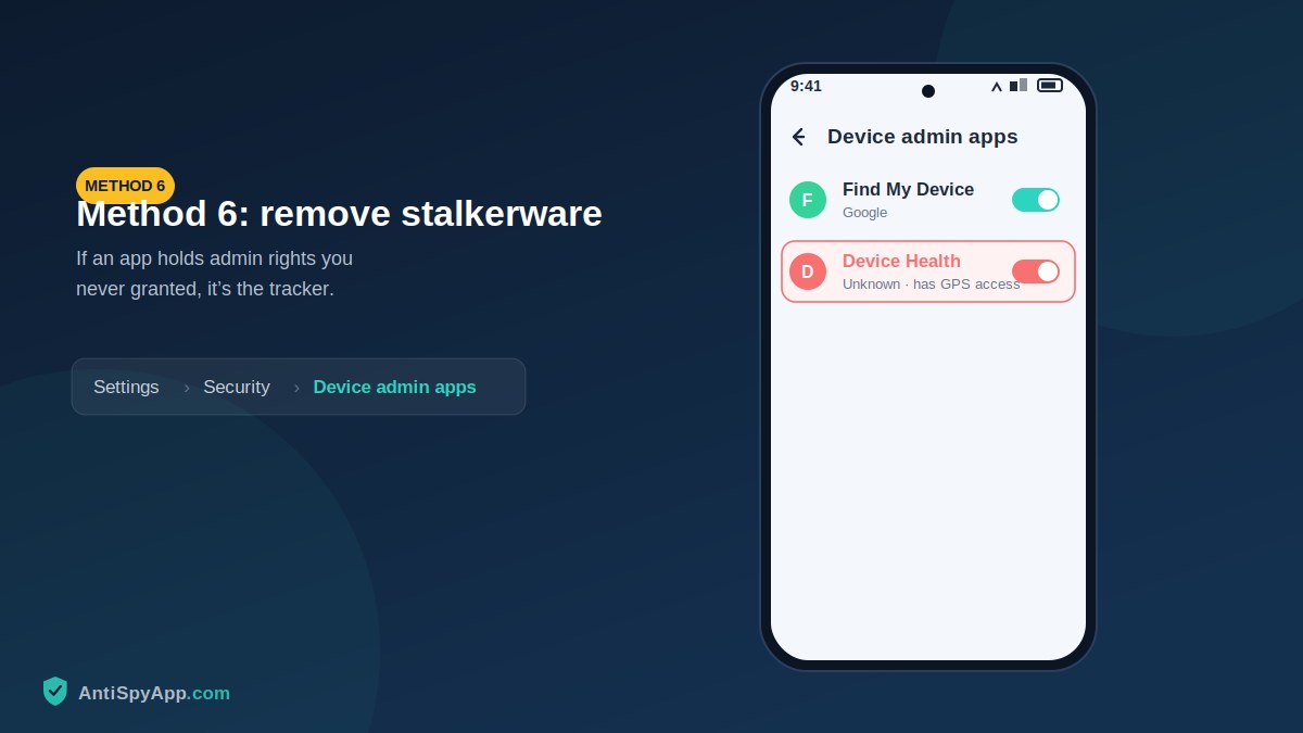 Settings list with a flagged unfamiliar entry holding admin rights