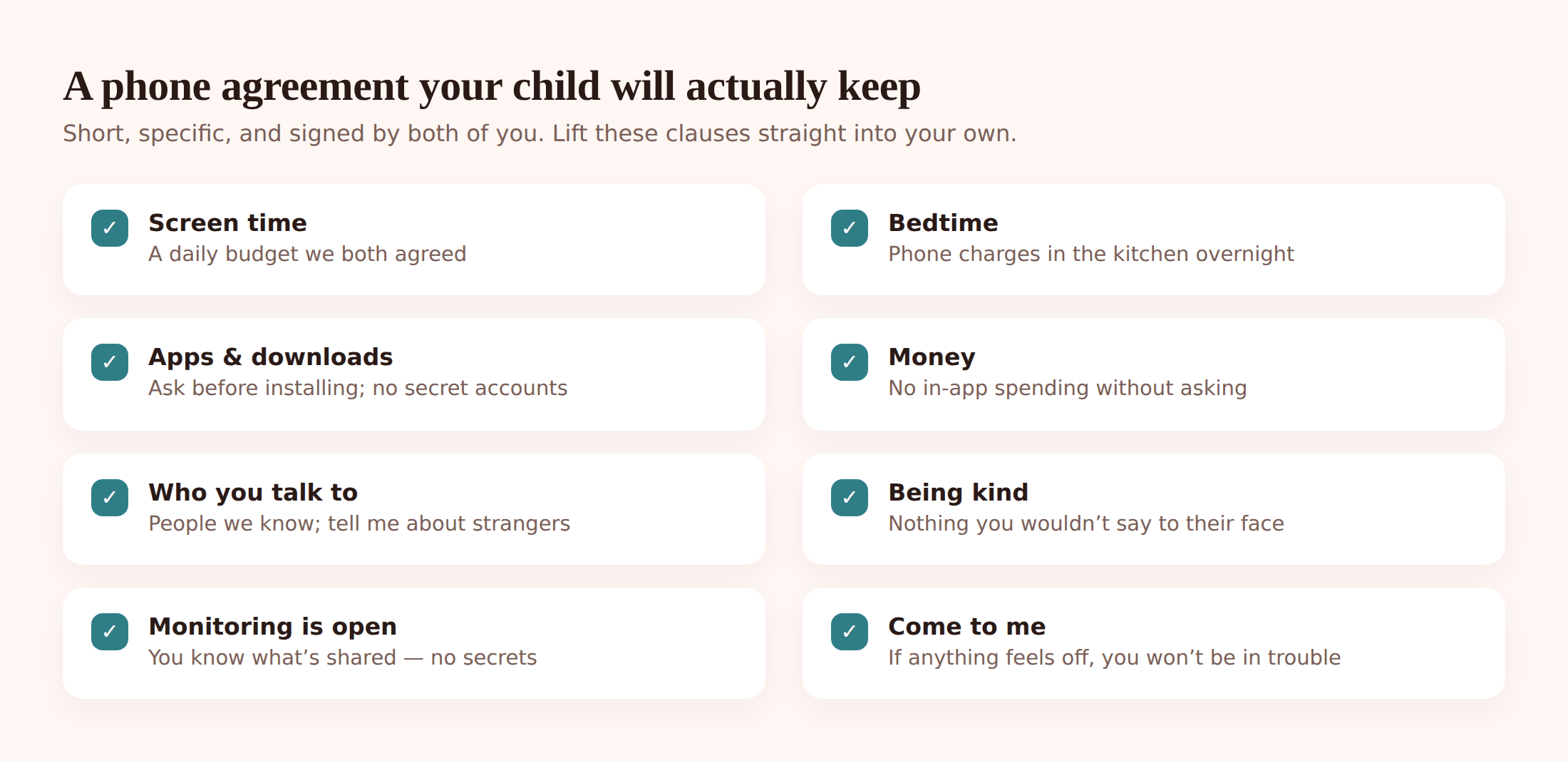Illustrated checklist showing the key clauses of a family phone agreement: screen time, bedtime, apps, contacts, privacy, kindness and speaking up