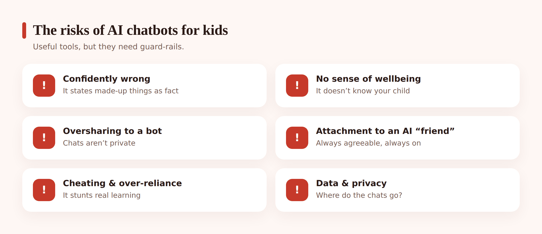 Illustration showing warning symbols around a chatbot interface, representing risks of AI chatbots for children