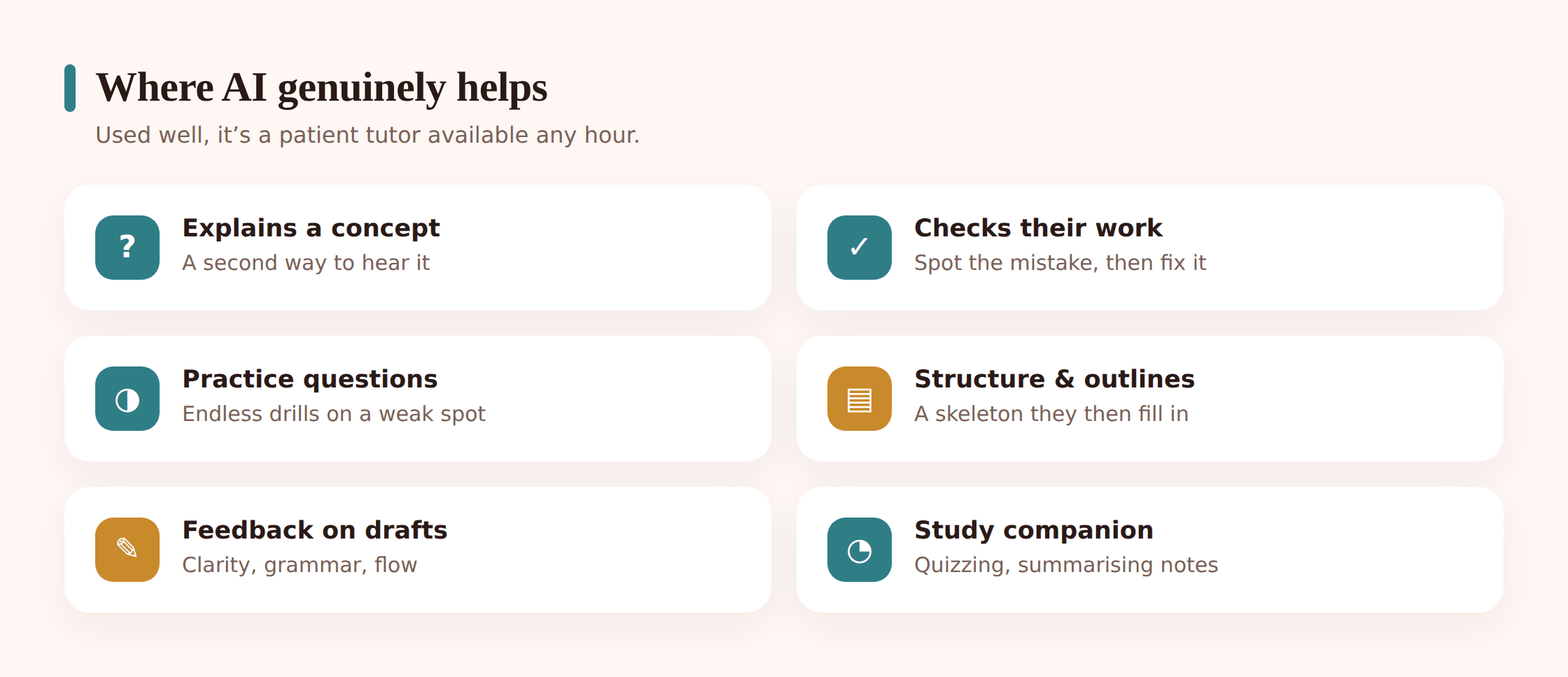 Illustration of an AI assistant acting as a patient tutor, explaining a concept to a student with practice questions and hints