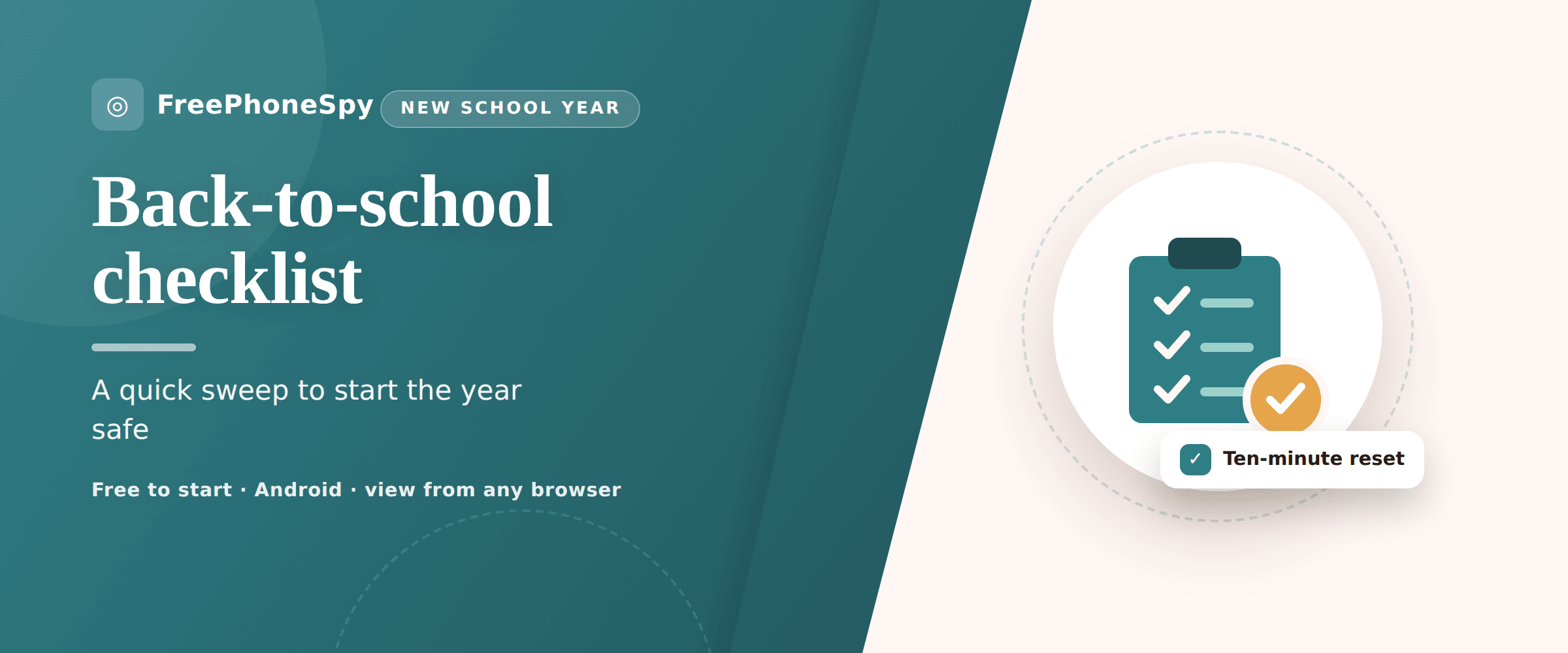 Illustrated hero showing a backpack, a phone and a laptop next to a back-to-school digital safety checklist