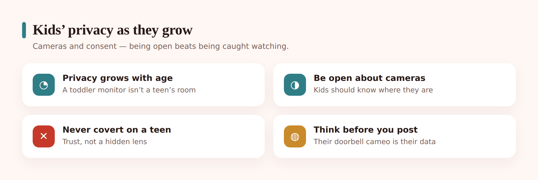 Illustration of a parent and an older child talking, with a camera visible in a shared hallway