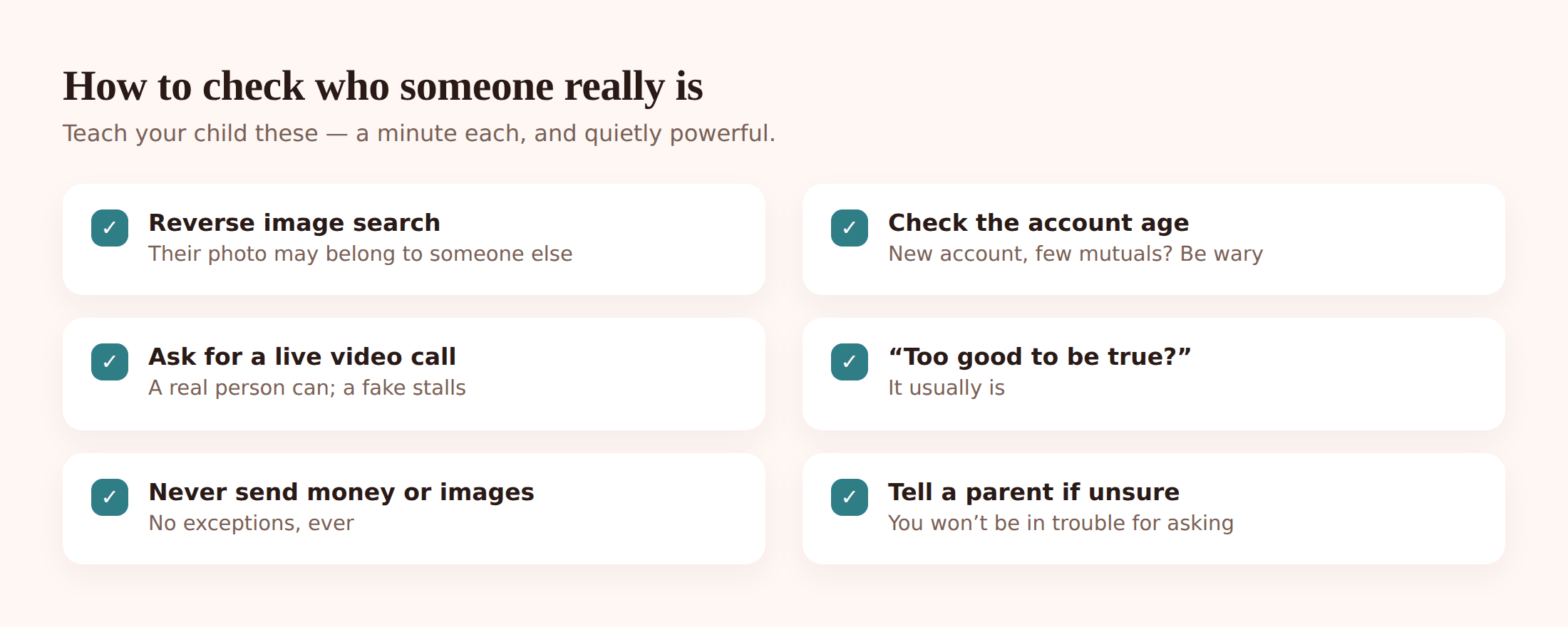 Illustration of a phone running a reverse image search on a profile photo, matching it to a different original account