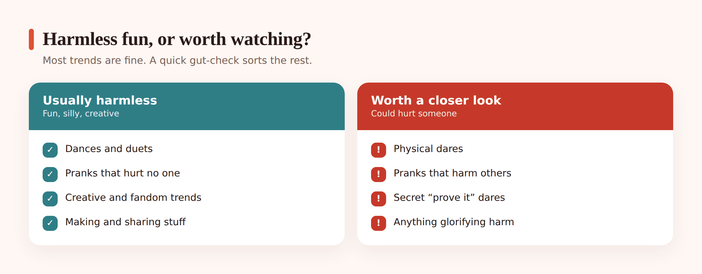 Illustration contrasting harmless fun trends on one side with the small set of trends worth worrying about on the other