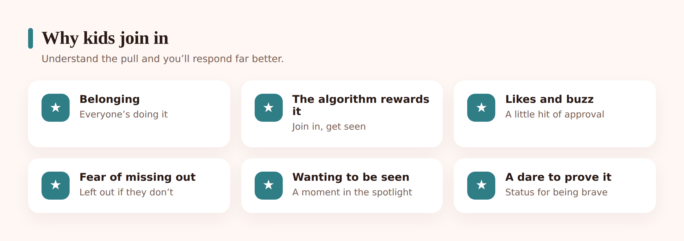 Illustration showing the pulls behind joining a trend: belonging, likes and notifications, and fear of missing out