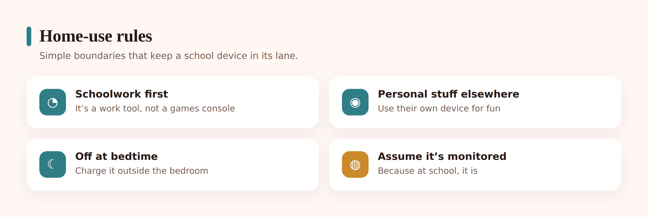Illustration of home-use rules for a school device: a charging spot in a shared room, a bedtime cut-off, and a schedule