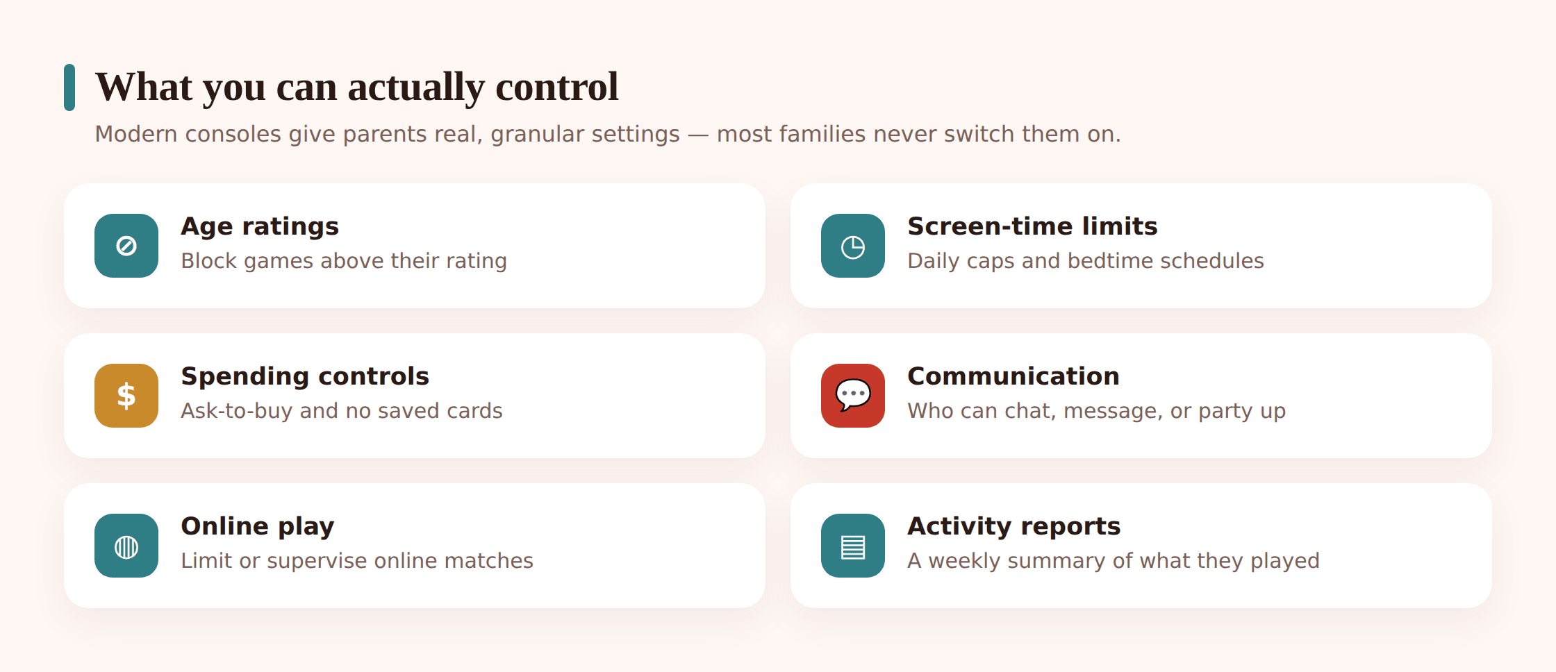 The main things a parent can control: age ratings, time limits, spending, and chat