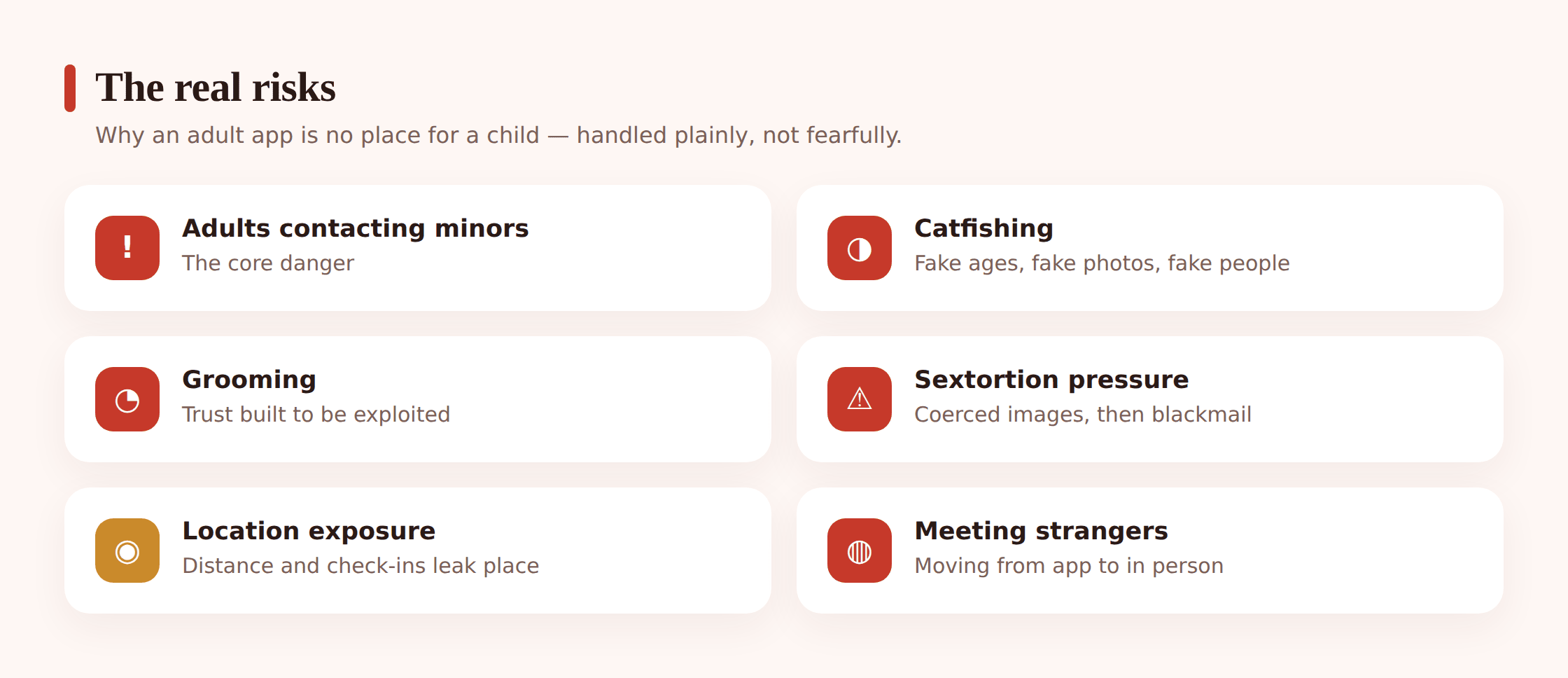 Illustration of a grid of risk icons around a phone: an adult stranger, a fake profile, a location pin, and a warning triangle