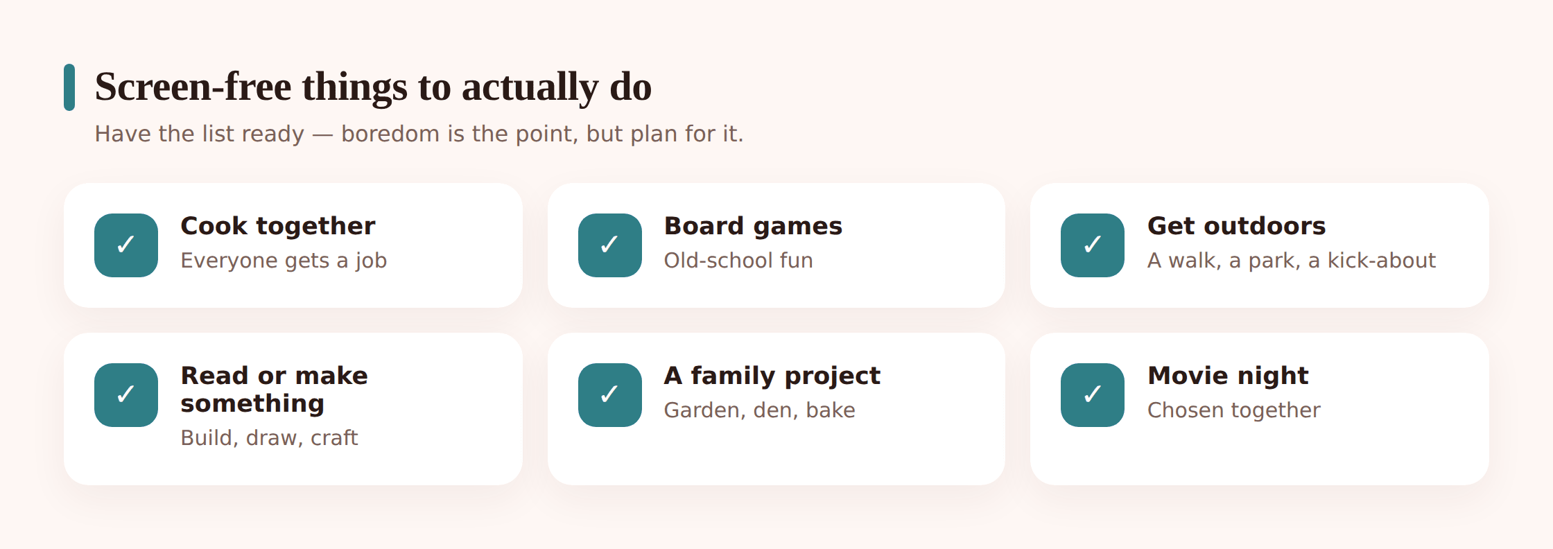 Illustration showing screen-free family activities including baking, a board game, and a walk outdoors