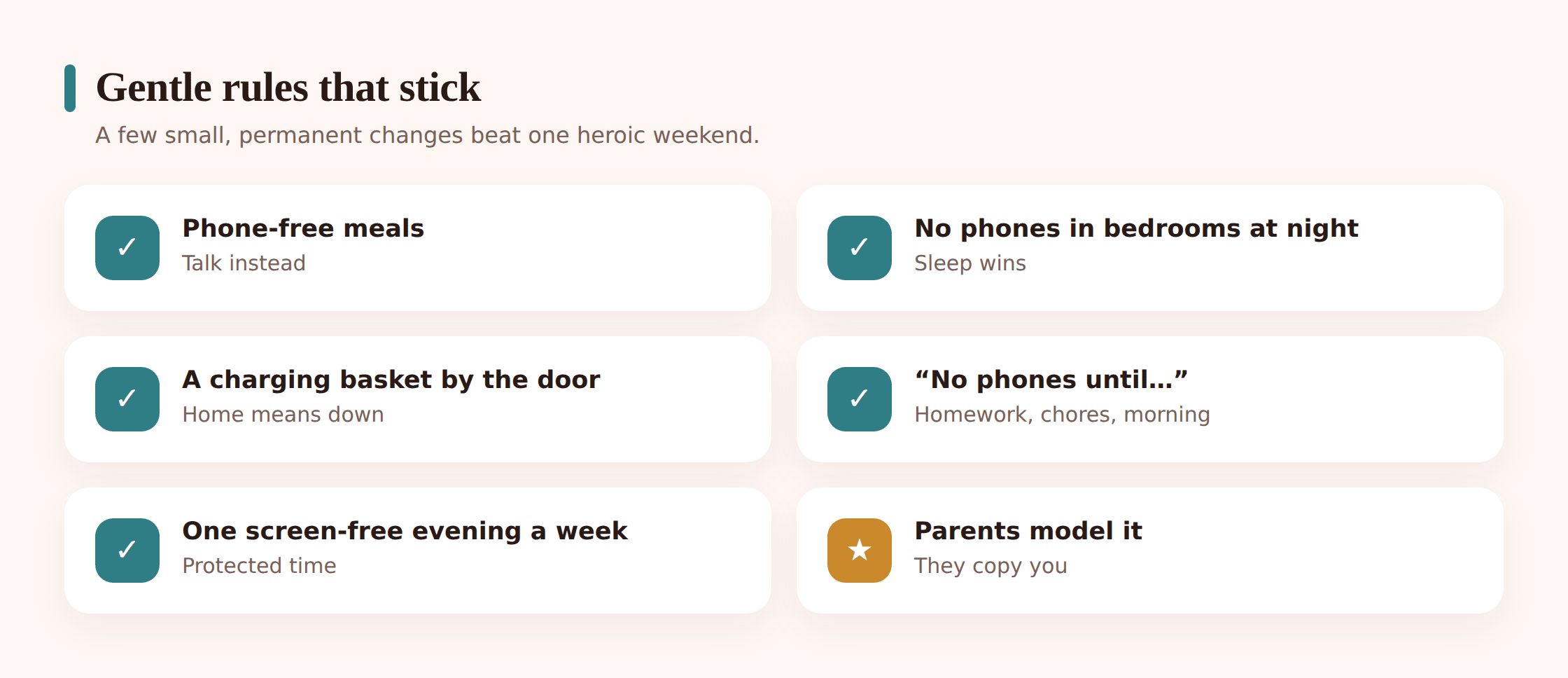 Illustration of a friendly family agreement listing gentle phone rules pinned on a corkboard