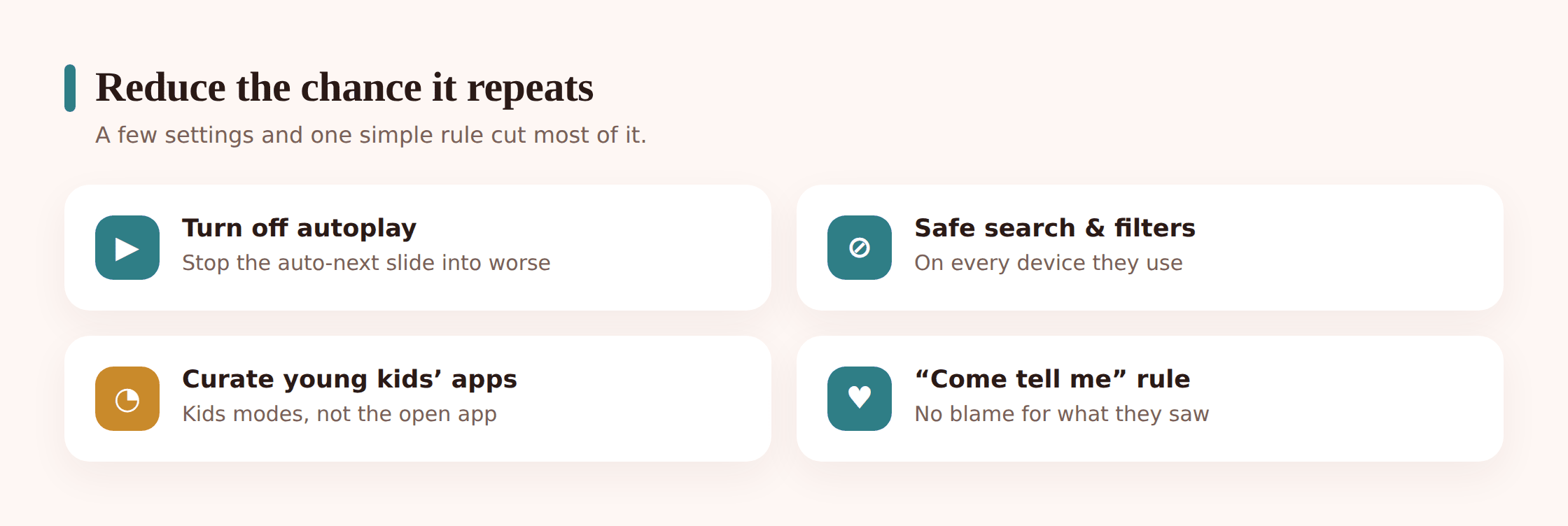 Illustration of practical settings on a tablet: autoplay switched off, safe search on, and a content filter enabled