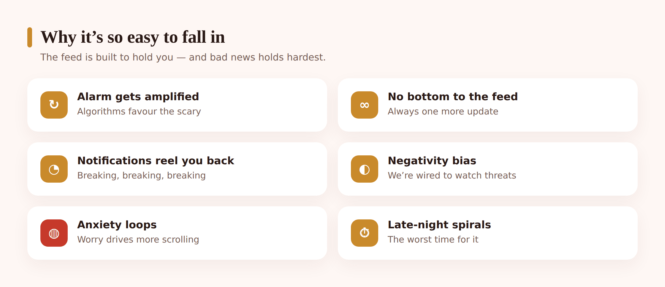 An illustration of a phone feed pulling downward like a current, with notification badges and alarming headlines stacked endlessly