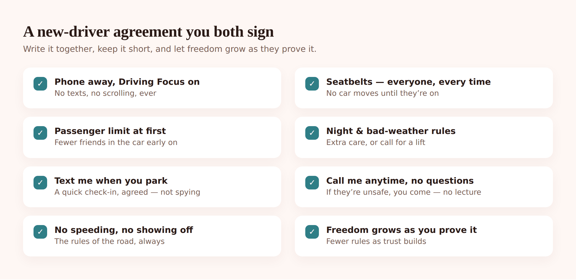 Illustrated new-driver agreement checklist with signature lines for parent and teen