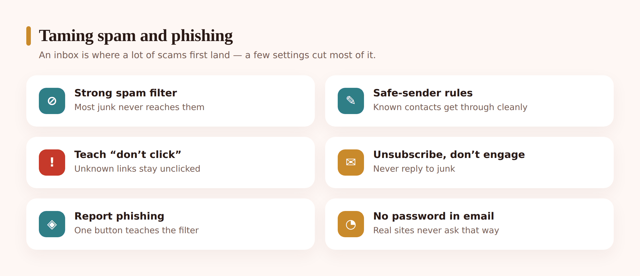 An inbox screen highlighting a suspicious email being filtered out, with spam and safe-sender labels visible