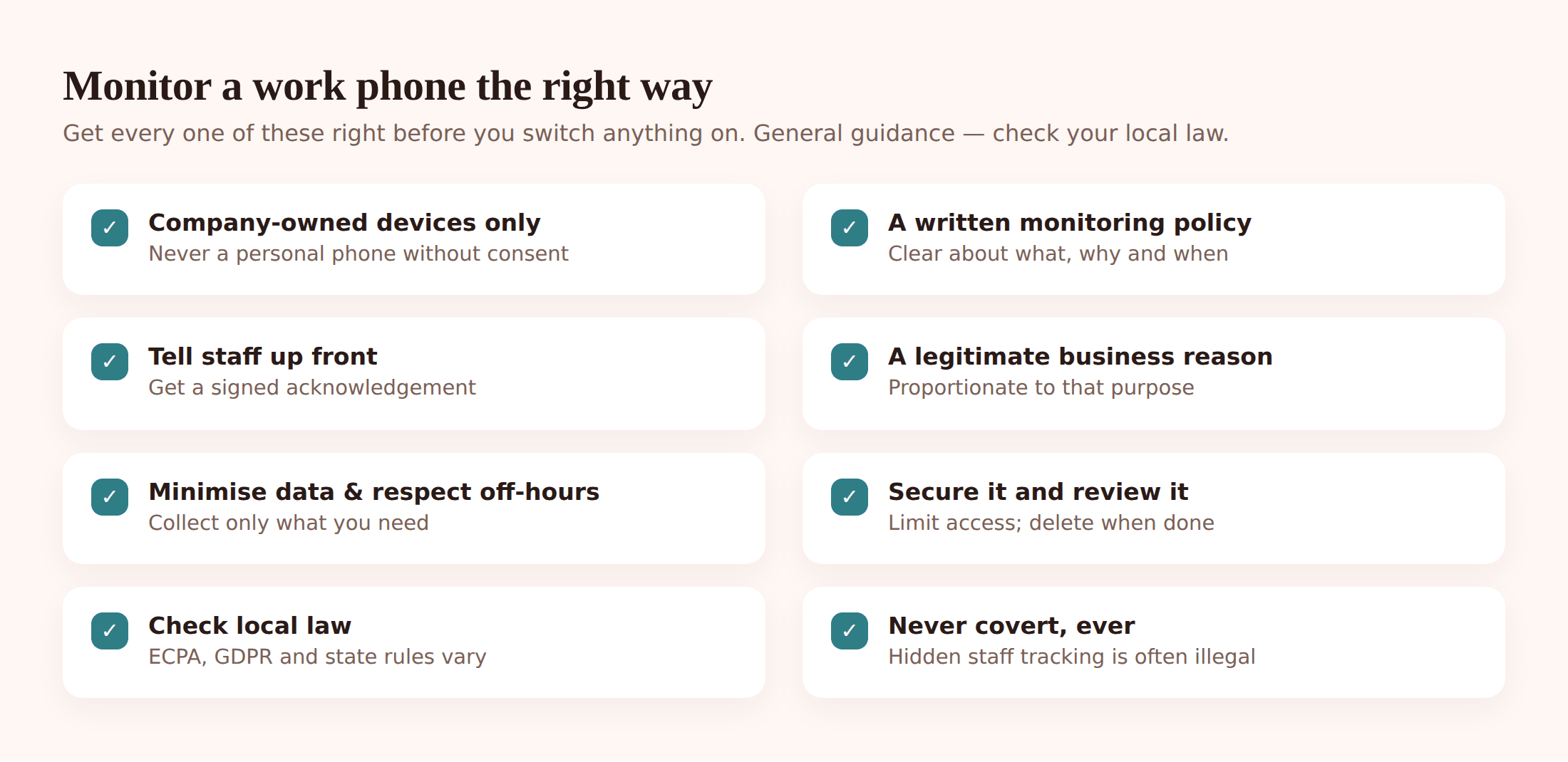 Illustrated checklist showing company-owned device, written policy, employee notice, lawful basis, no covert tracking, and respect for off-hours