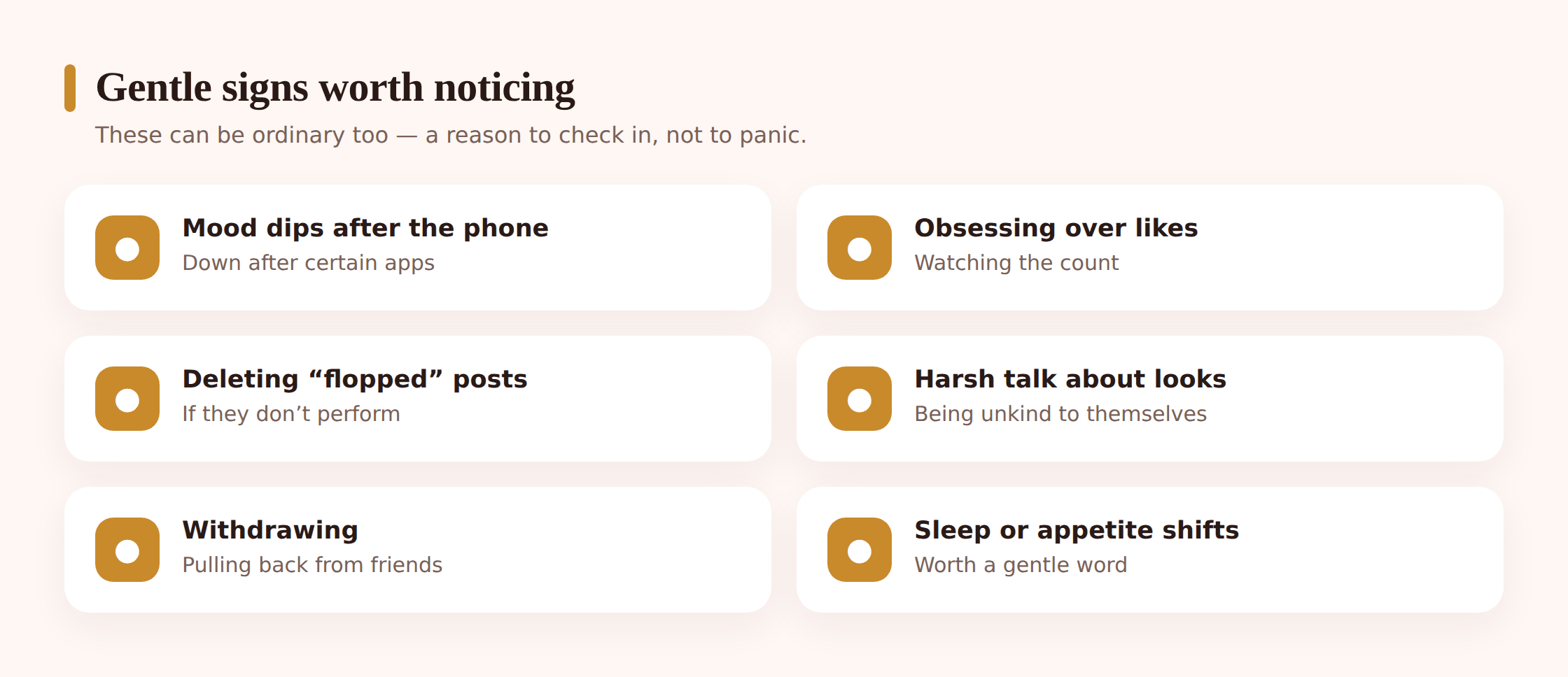 Soft illustration of a parent noticing their child's changed mood, with quiet visual cues like a downturned expression near a glowing phone