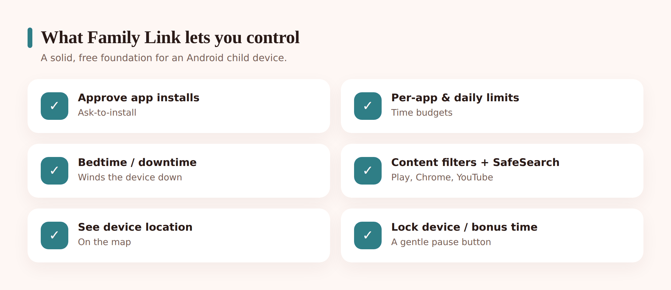 Illustration of Family Link controls including app approval, screen time, content filters and location