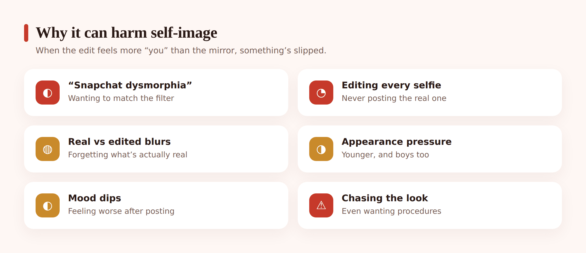 Thoughtful illustration of a teenager scrolling a feed of uniformly smoothed, polished faces and looking uncertain about their own reflection