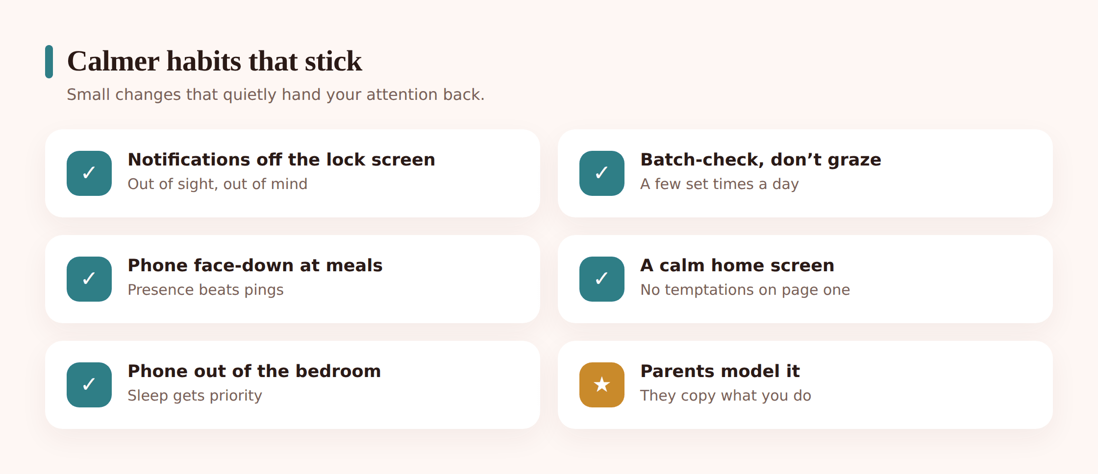 Illustration of small calm phone habits: batch-checking, a face-down phone, a tidy home screen