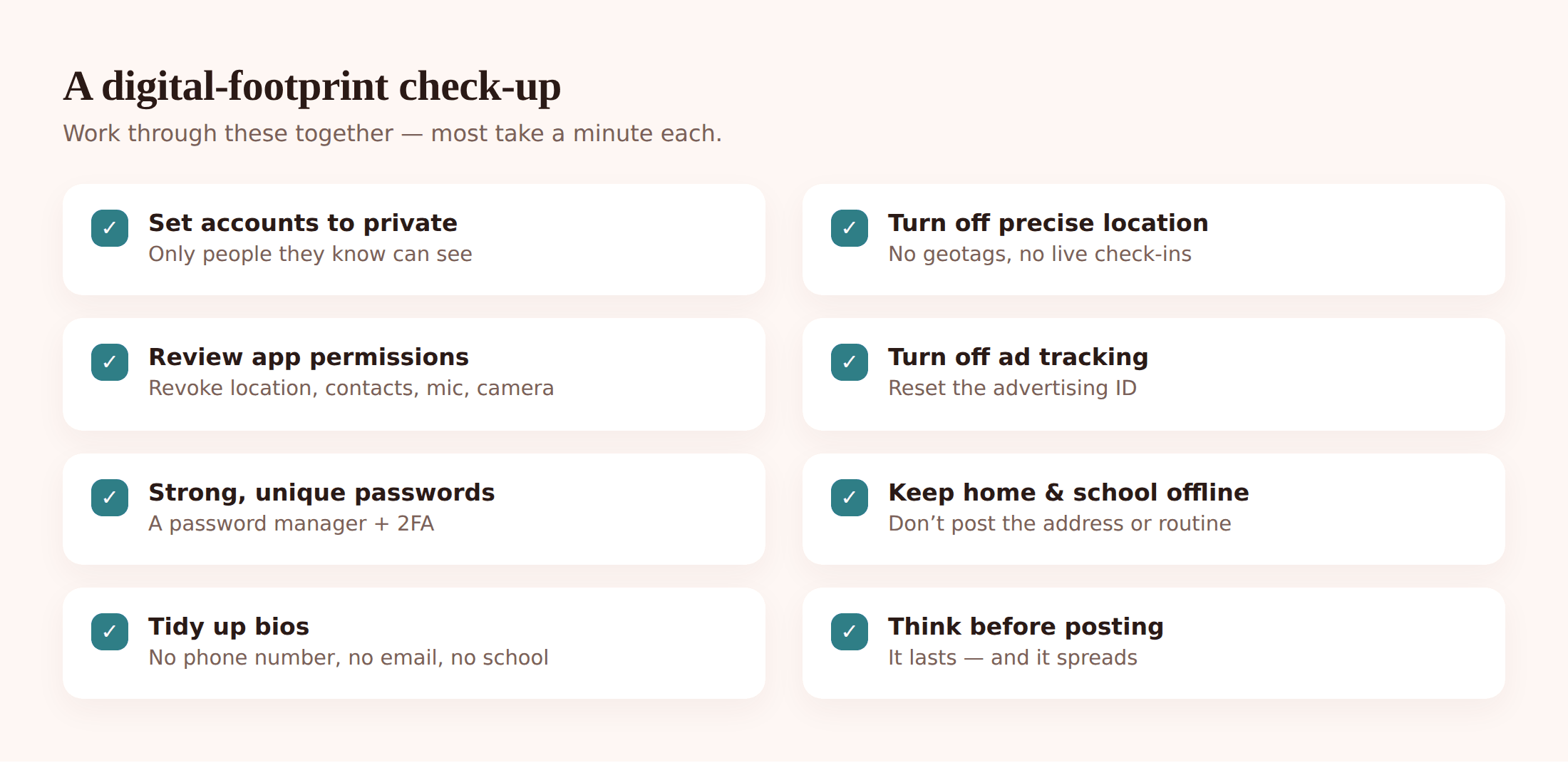 Illustration of a phone privacy settings checklist with location, contacts, microphone, camera and ad tracking toggles being switched off