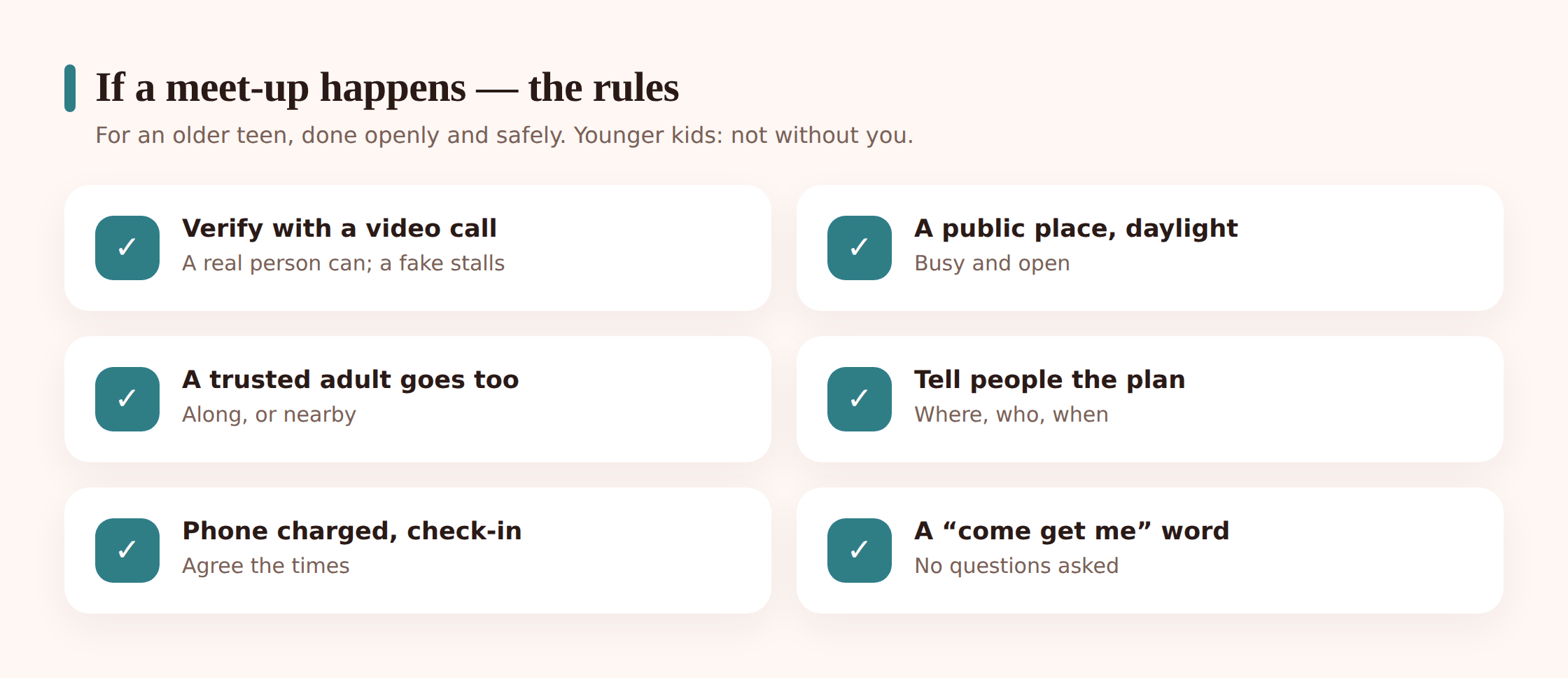 Illustration of safety rules for meeting an online friend in person: public place, daylight, trusted adult nearby