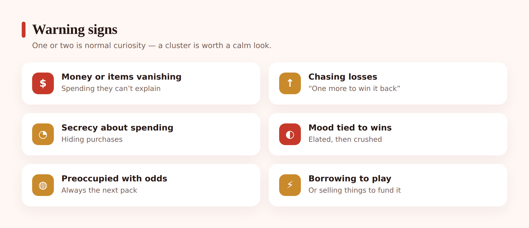 Illustration of warning signs of gambling harm in children: secrecy, disappearing money, mood swings tied to wins and losses