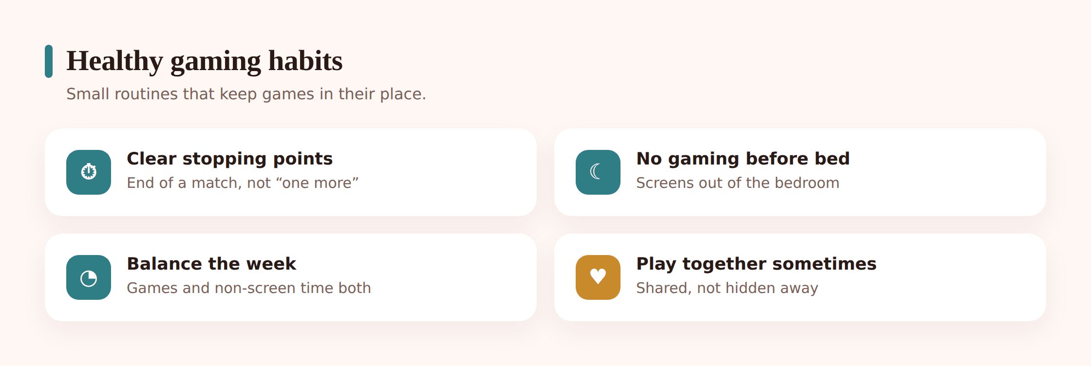 Illustration of a balanced week — gaming alongside sport, sleep, friends in person, homework and family time