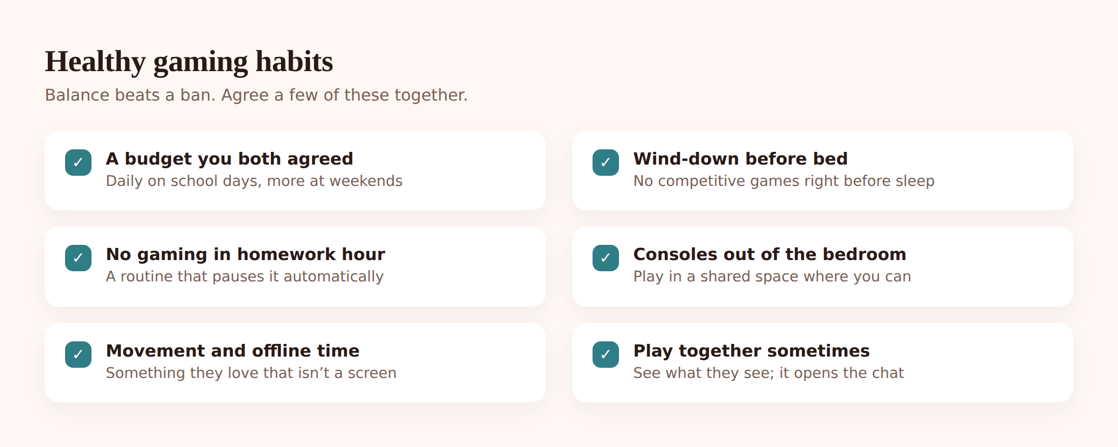 Illustration of a balanced day for a child — gaming, homework, sleep, time outside — shown as a simple daily rhythm