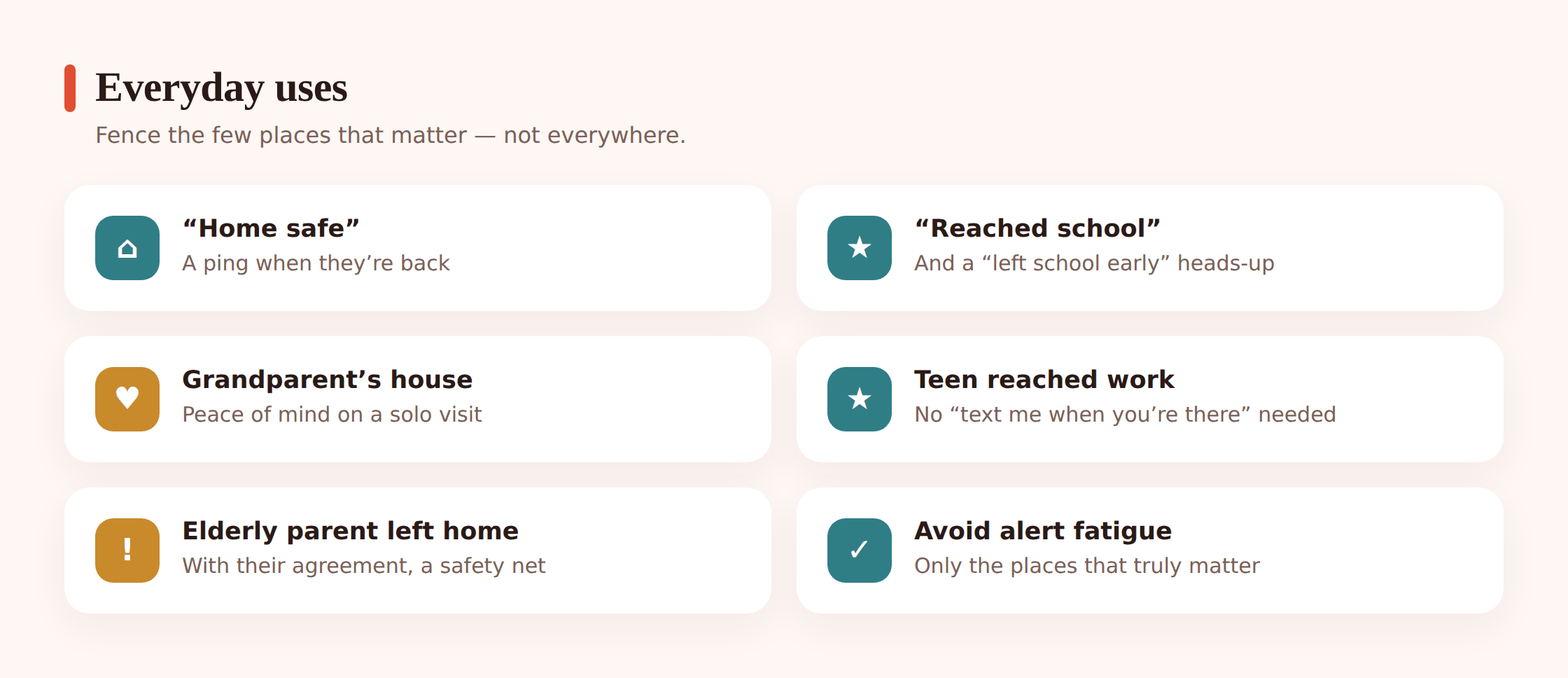 Illustrated grid of geofencing scenarios: child arriving at school, a home, a grandparent's house, a workplace, and an elderly parent's front door