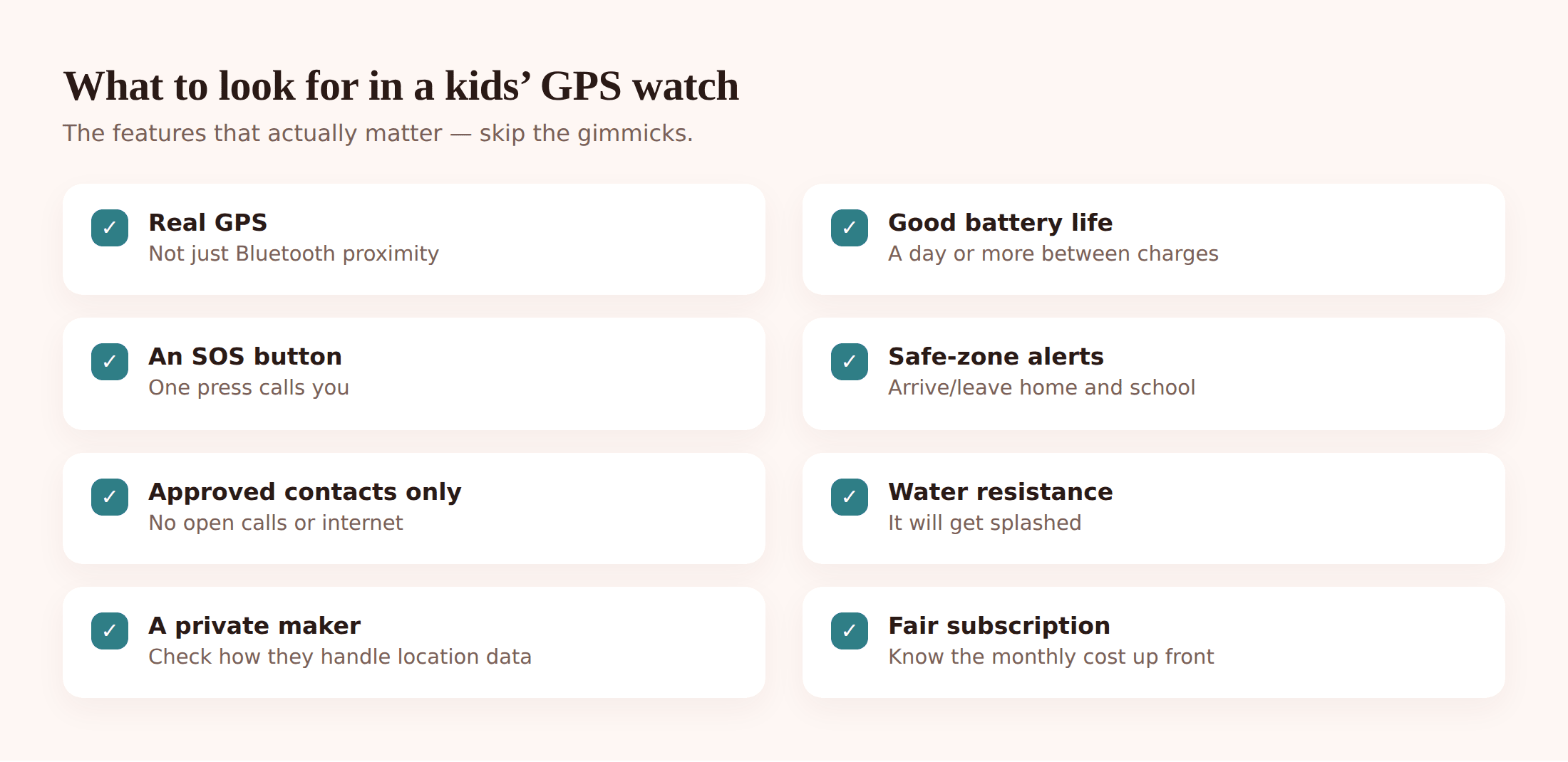 Illustration of a checklist for choosing a kids GPS watch: real GPS, battery, SOS button, safe zones, water resistance, closed contacts, maker privacy