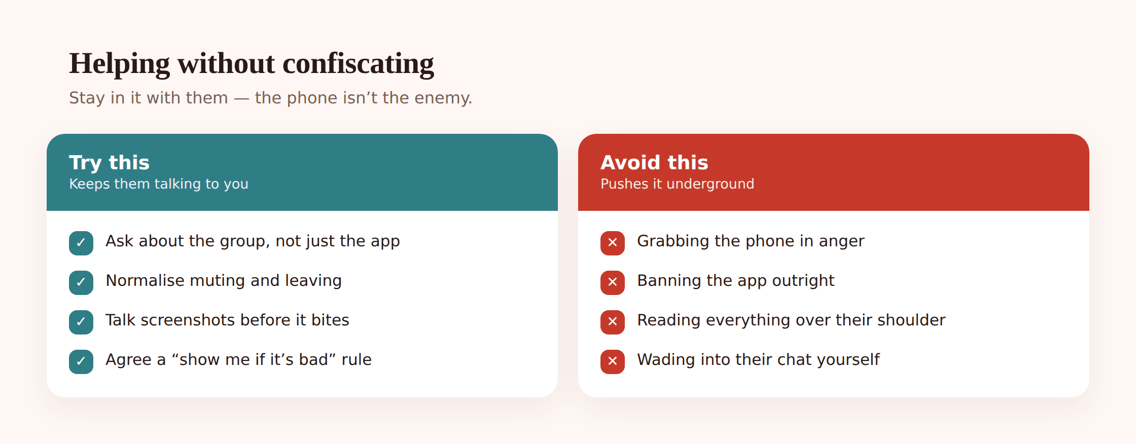Illustration of a parent and teenager talking calmly on a sofa, phone face down between them