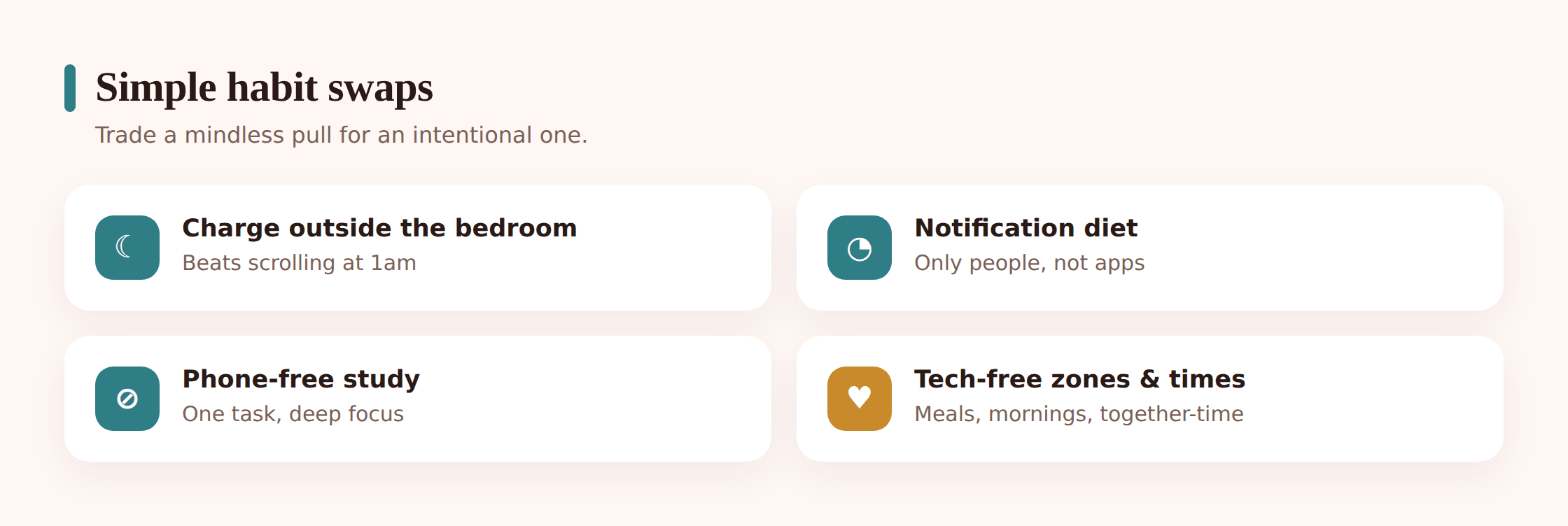 Grid illustration of habit swaps: charger by the door, notifications off, tech-free dinner table, and intentional phone use