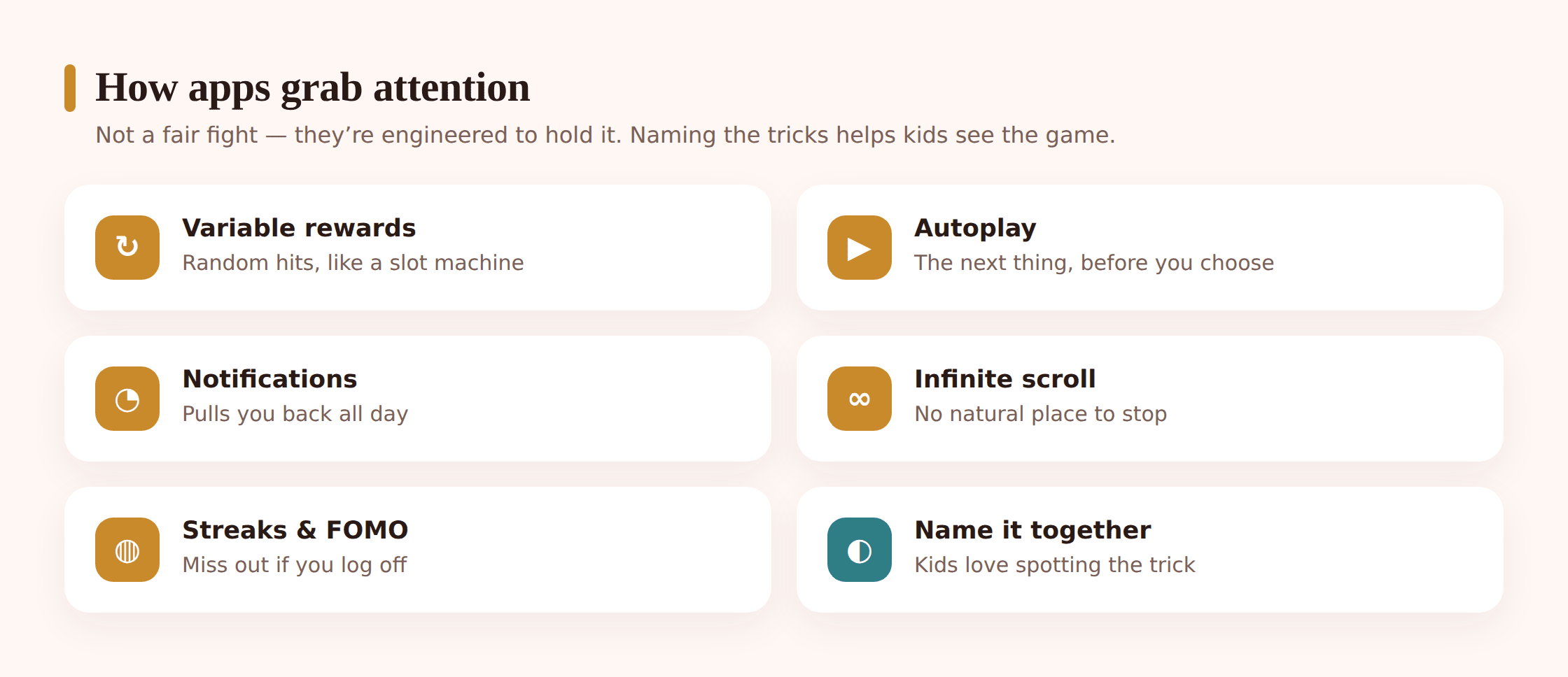 Illustration comparing a rigid rulebook with a set of small everyday habits, and showing app design hooks like autoplay and notifications