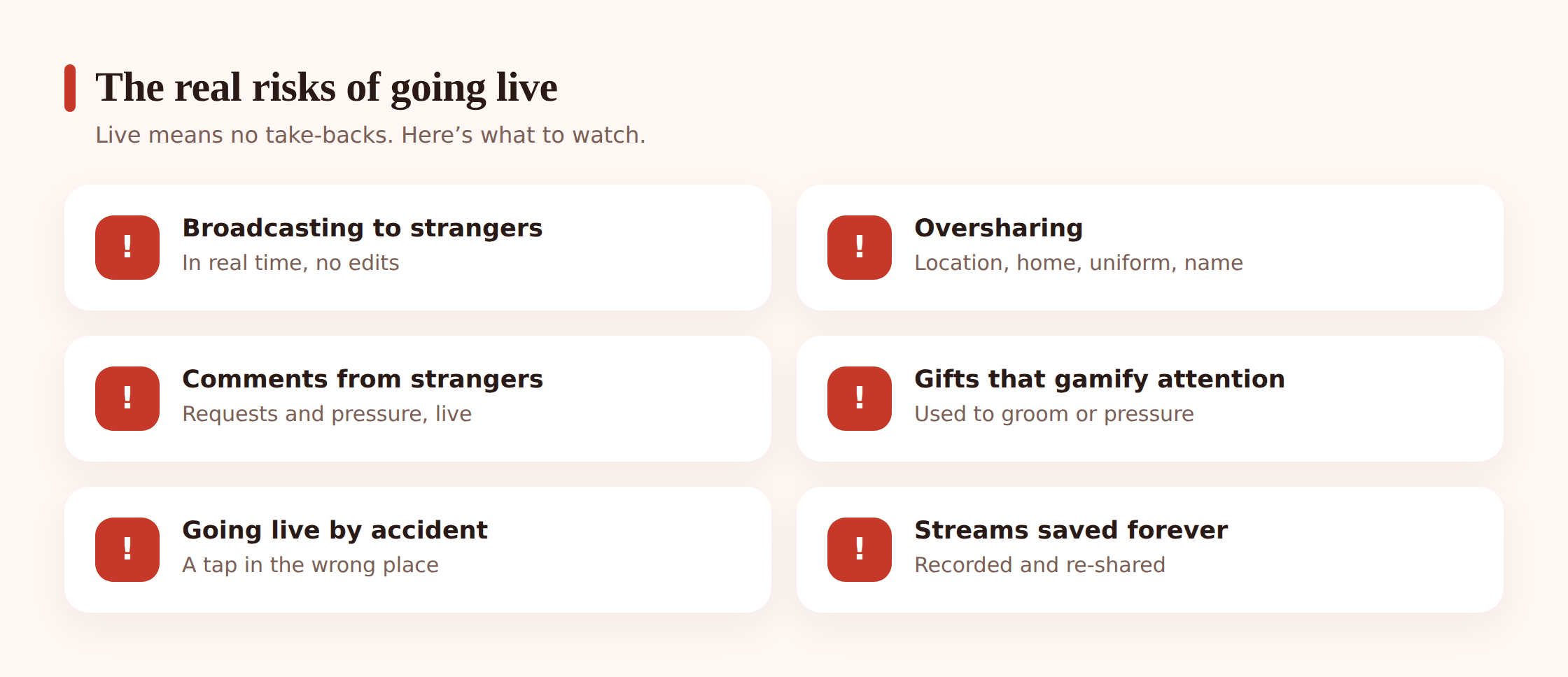 Illustration showing risks around a live stream: a location pin, a stranger's comment bubble, a gift icon, and a screen-recording symbol