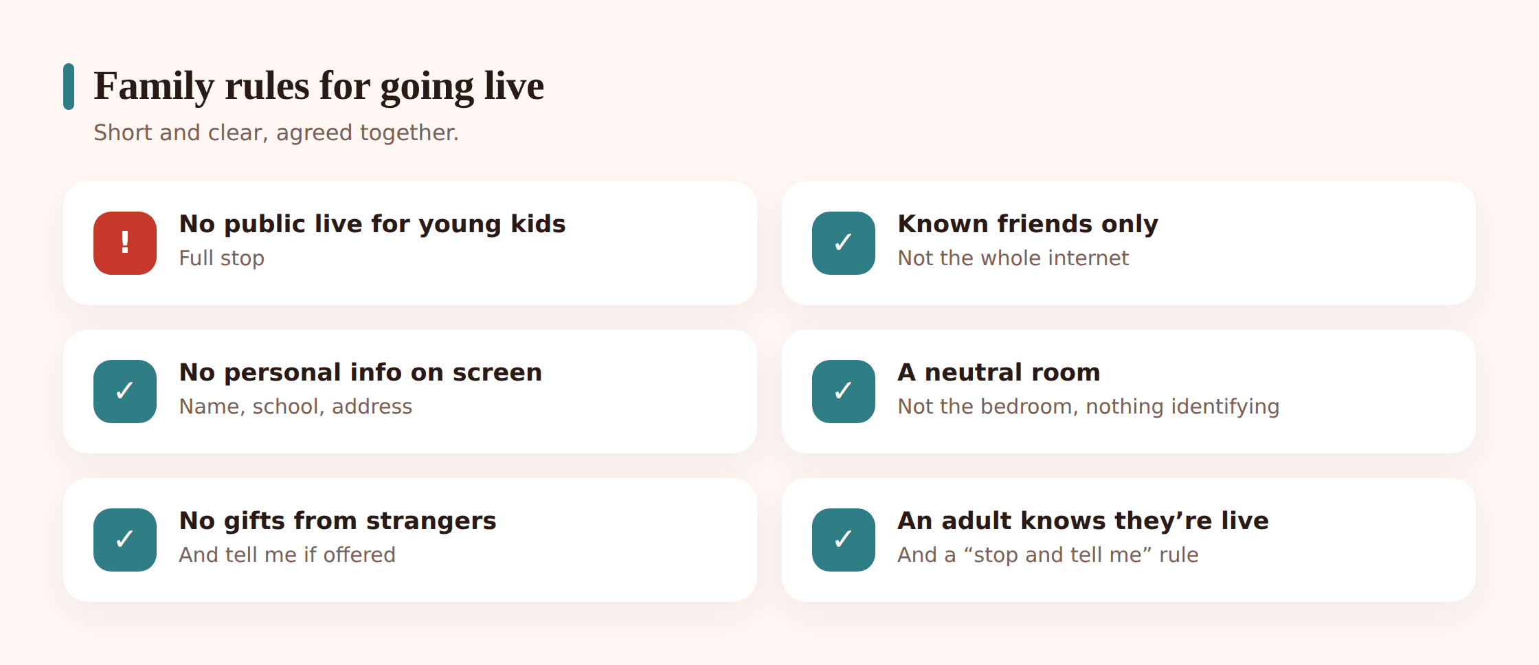 Illustration of a family agreement checklist pinned to a wall with rules about going live