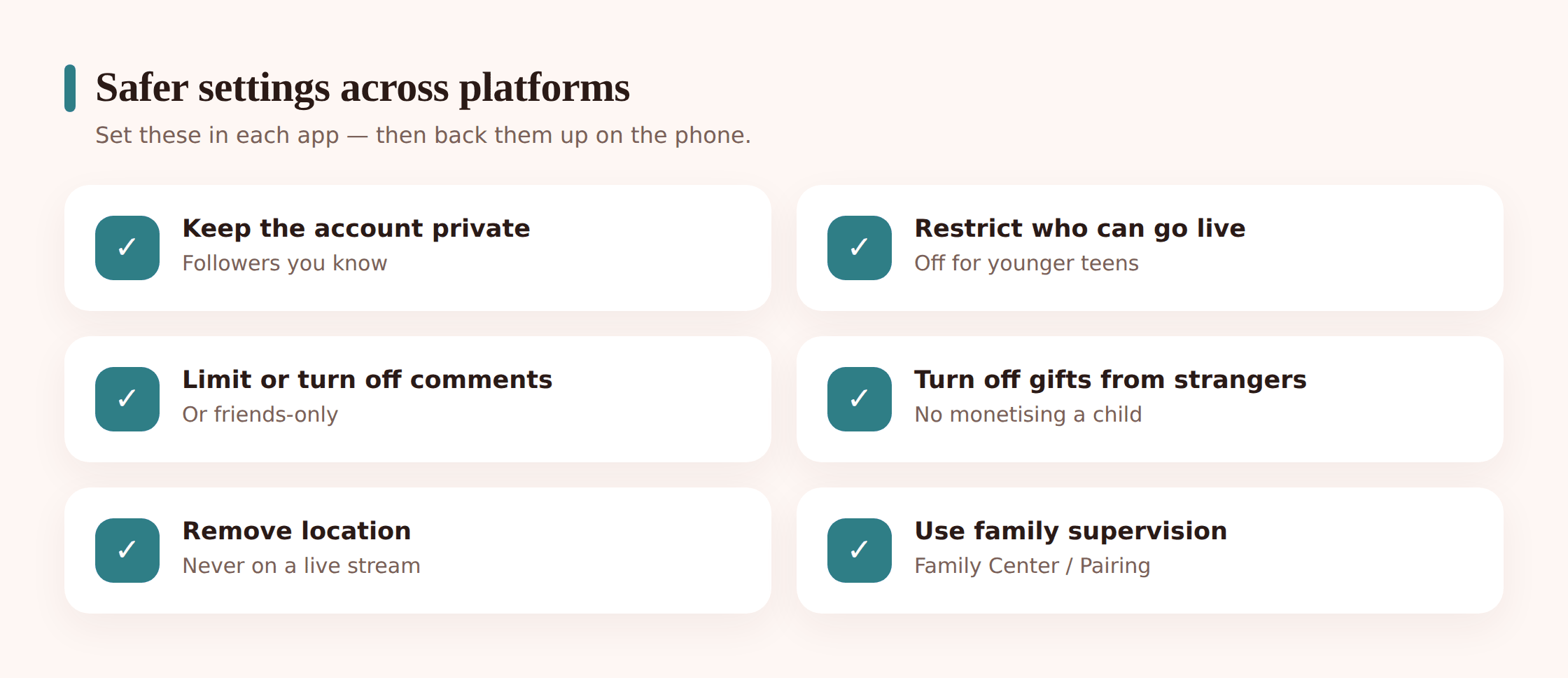 Illustration of a phone settings panel with toggles for private account, who can comment, who can send gifts, and live disabled