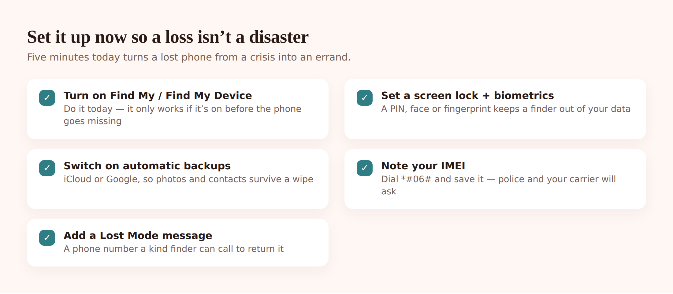 Illustrated checklist of phone setup steps: turn on Find My, set a screen lock, enable backups, note the IMEI, add a lock-screen message, and consider a Bluetooth tracker