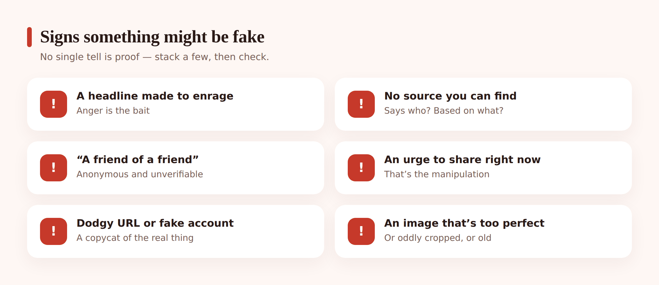 Illustration showing warning signs of fake content: an angry headline, a missing source, and a too-perfect image