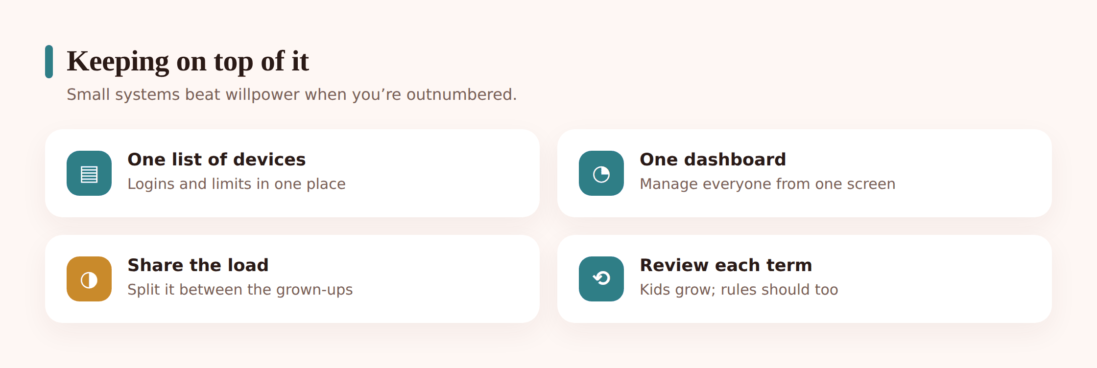 A tidy summary of quick tips for managing multiple kids and devices