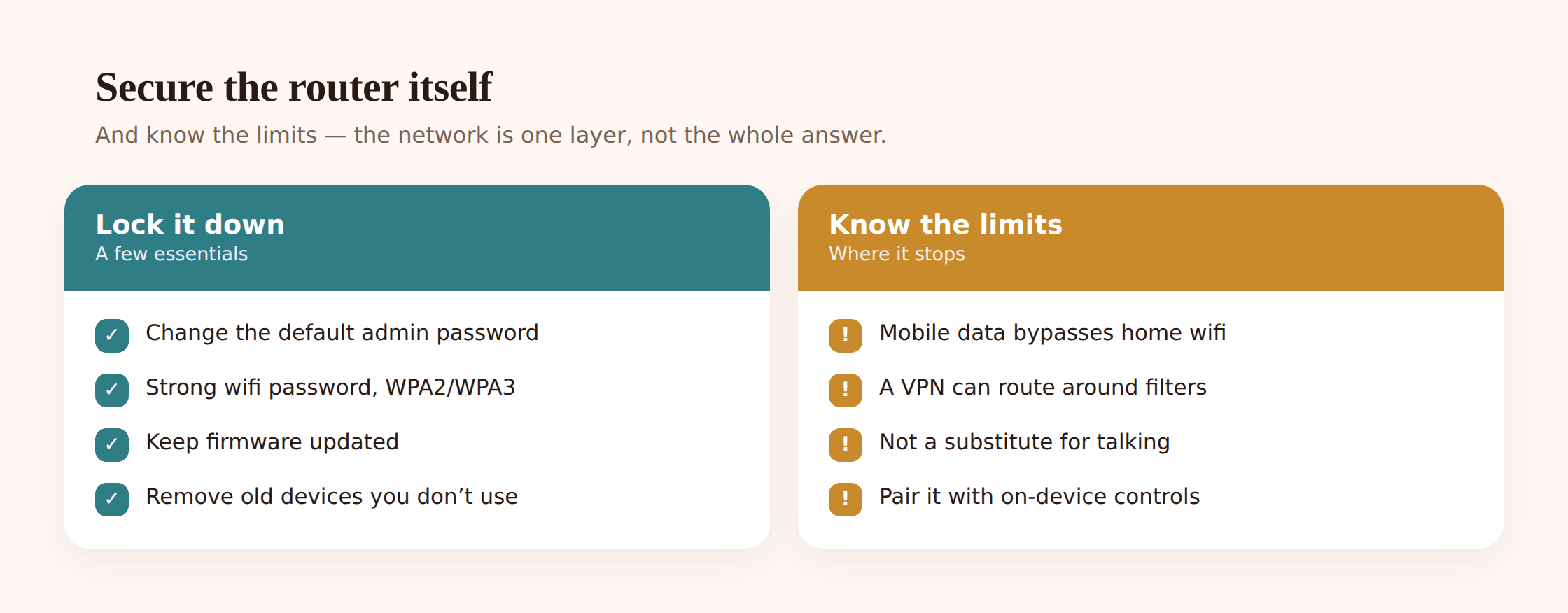 Illustration of a padlock on a router with a strong password, an encryption badge marked WPA3, and a firmware-update arrow